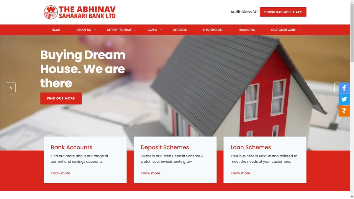 Abhinav Bank corporate website home page showing banking products and branch information