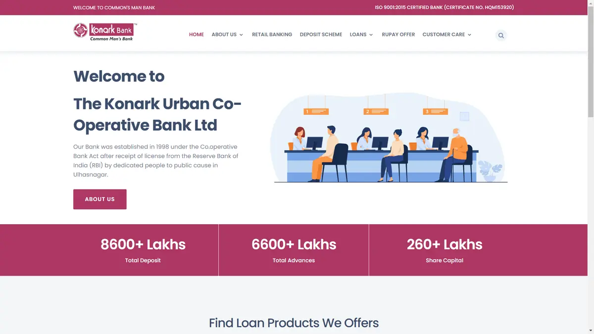 Konark Bank website home page showing deposit and loan product sections