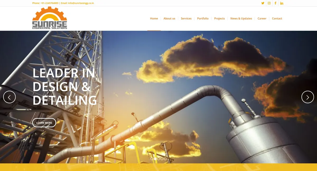 Sunrise Engineering website home page showing engineering capabilities and products