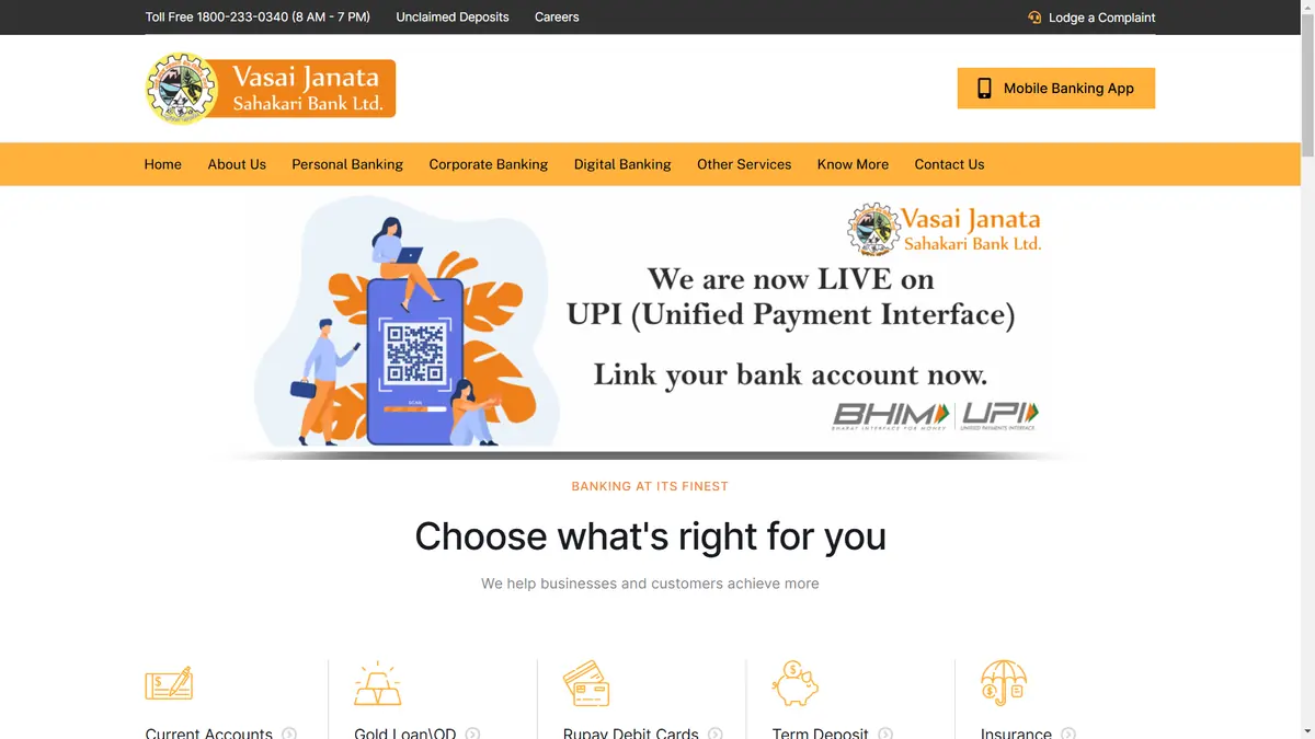 Vasau Janata Bank website home page showing services and branch network