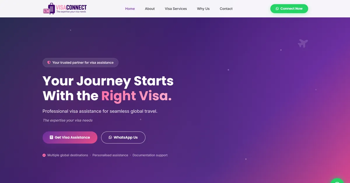 Visaconnect visa assistance website home page